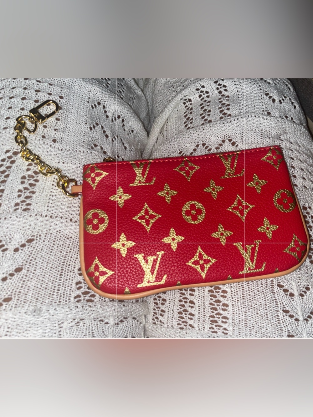 Tommy Hilfiger Red and Gold Monogram Coin Pouch with Chain